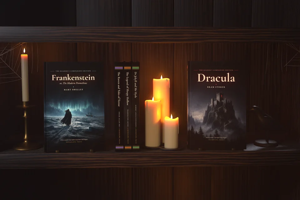 A rendering of our Frankenstein and Dracula hardcovers on a candlelit shelf, with The Raven and Tales of Terror, The Legend of Sleepy Hollow and Jekyll and Hyde between them.