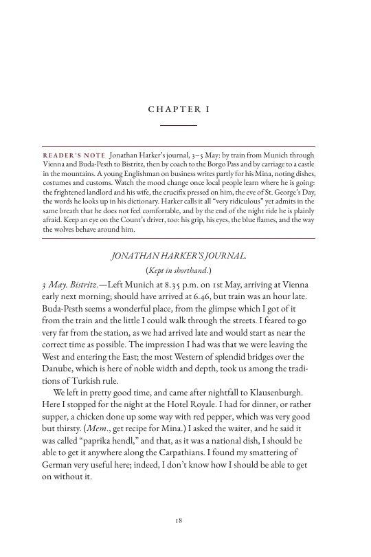 The first page of Chapter I of our Dracula: a reader's note in a ruled box, then Jonathan Harker's journal. Opens the page full size.