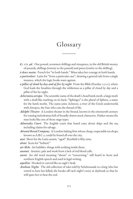 A page of the glossary in our Dracula. Opens the page full size.