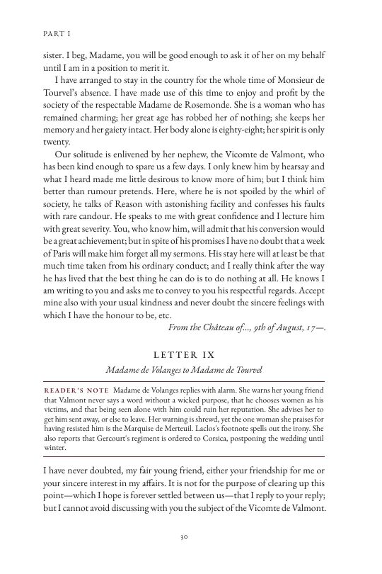 A page from our Dangerous Liaisons with the reader's note above Letter IX. Opens the page full size.