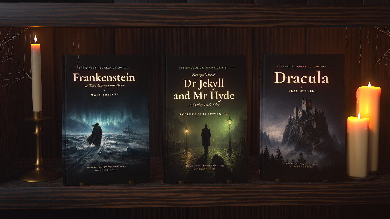 The three hardcovers of The Classic Monsters on a bookshelf by candlelight (illustration)