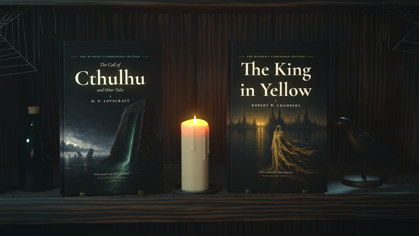The two hardcovers of Cosmic Horror Classics on a bookshelf by candlelight (illustration)