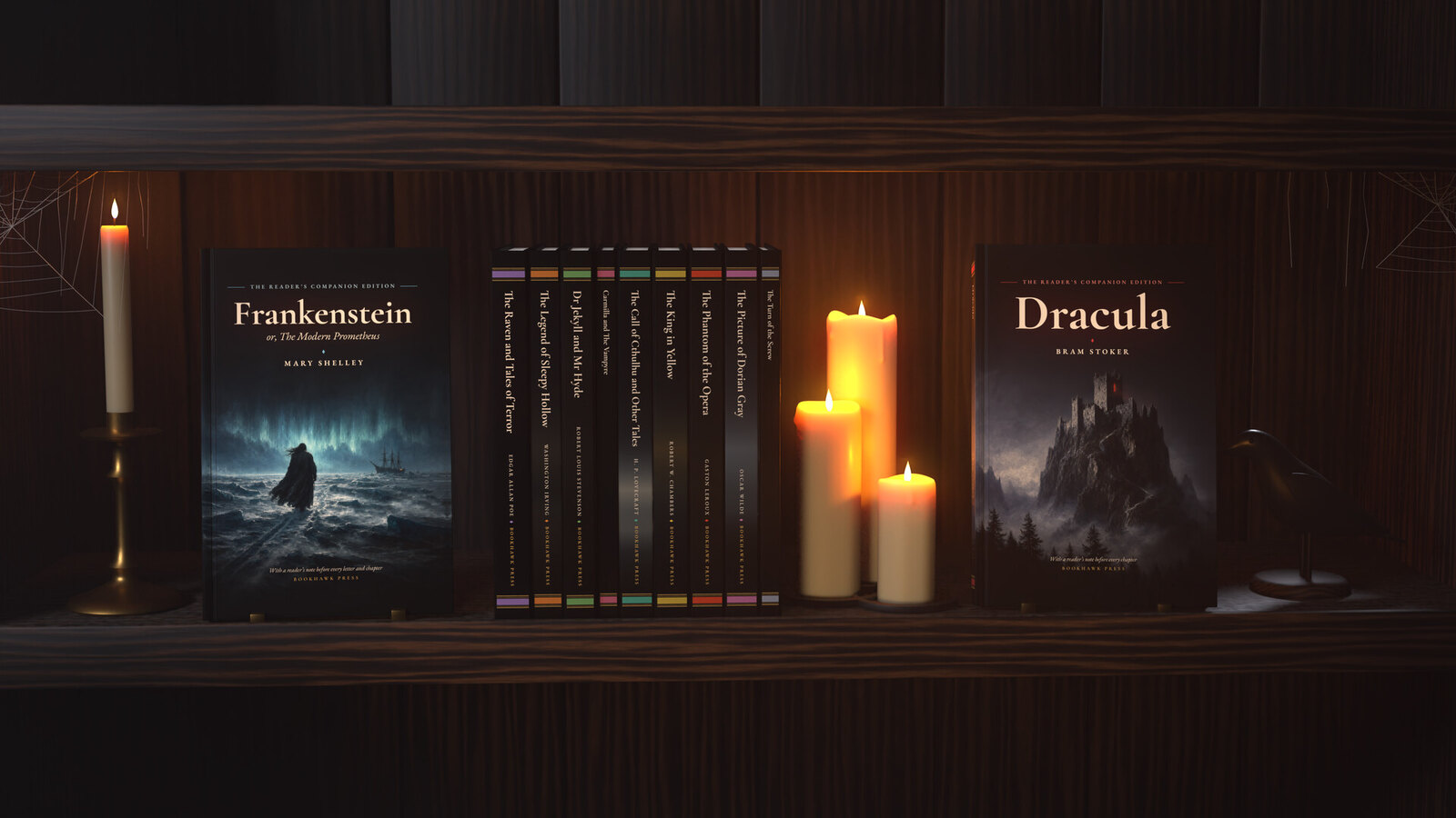 The eleven hardcovers of Eleven Classics of Terror on a bookshelf by candlelight (illustration)