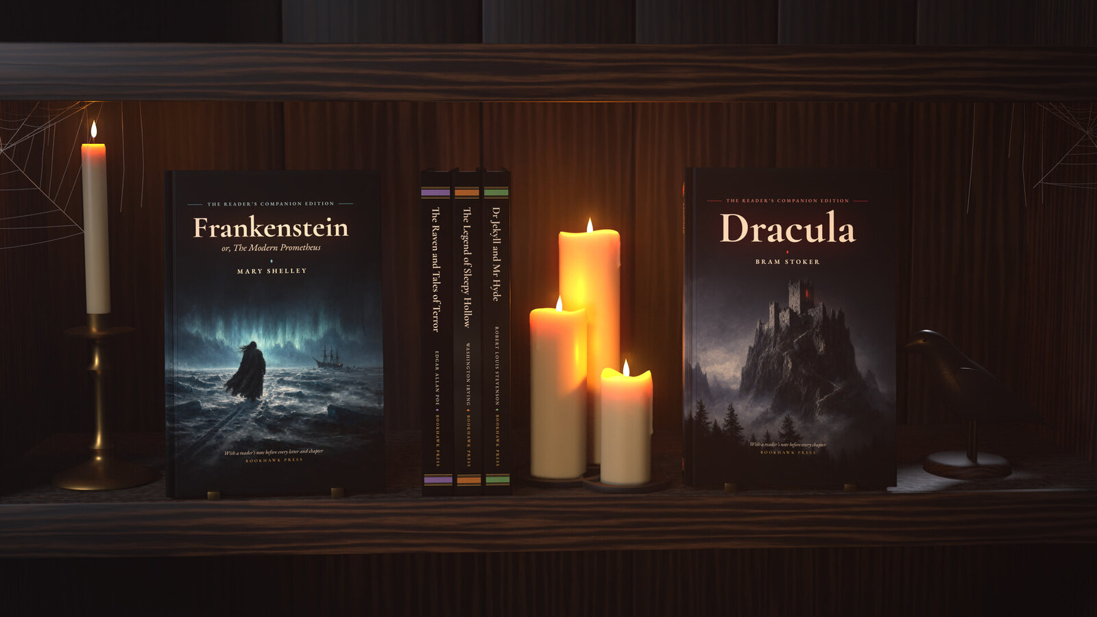 The five hardcovers of Five Classics of Terror on a bookshelf by candlelight (illustration)
