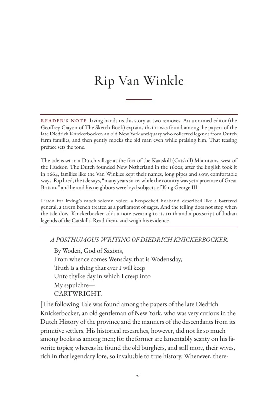 Rip Van Winkle, with its reader’s note