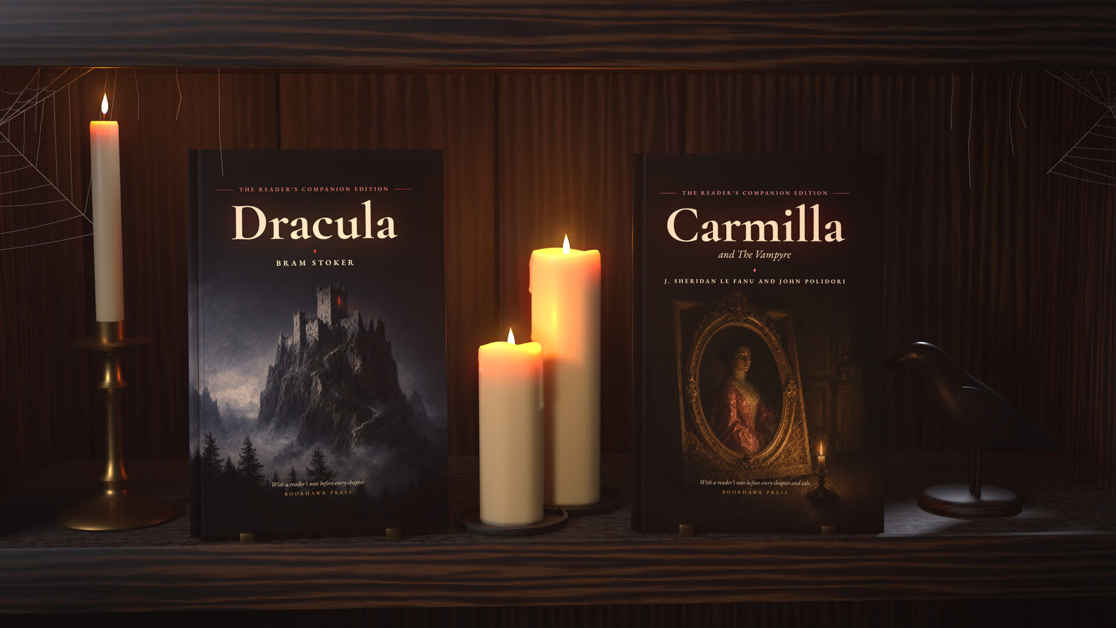 The two hardcovers of The Vampire Classics on a bookshelf by candlelight (illustration)
